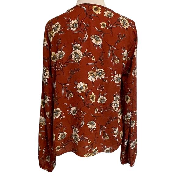 Lucky Brand Floral Peasant Top Womens Small Rust Brown Boho Long Sleeve Blouse - Picture 5 of 9